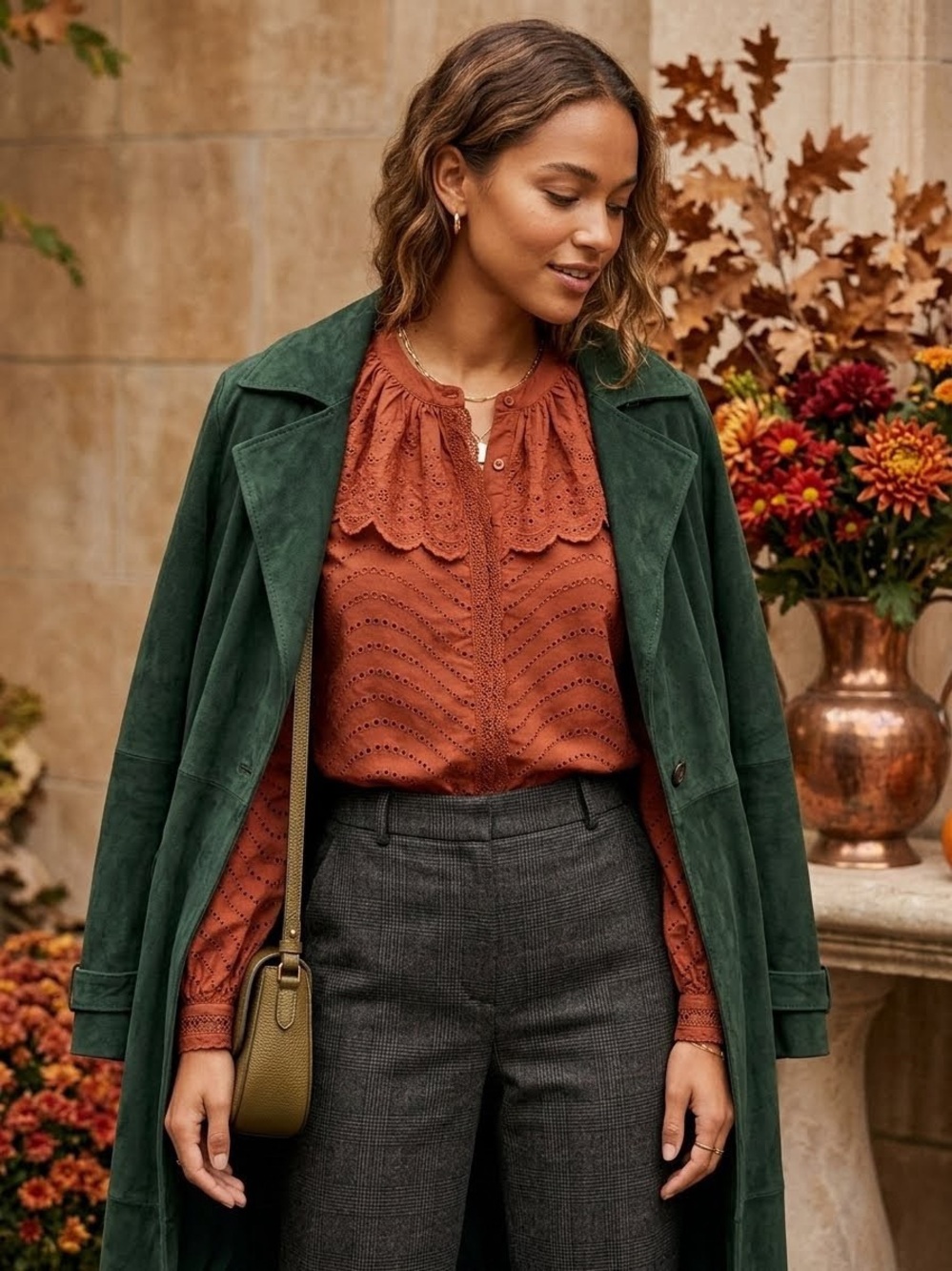 Caroline Constas Rust Eyelet Blouse with Scalloped Collar